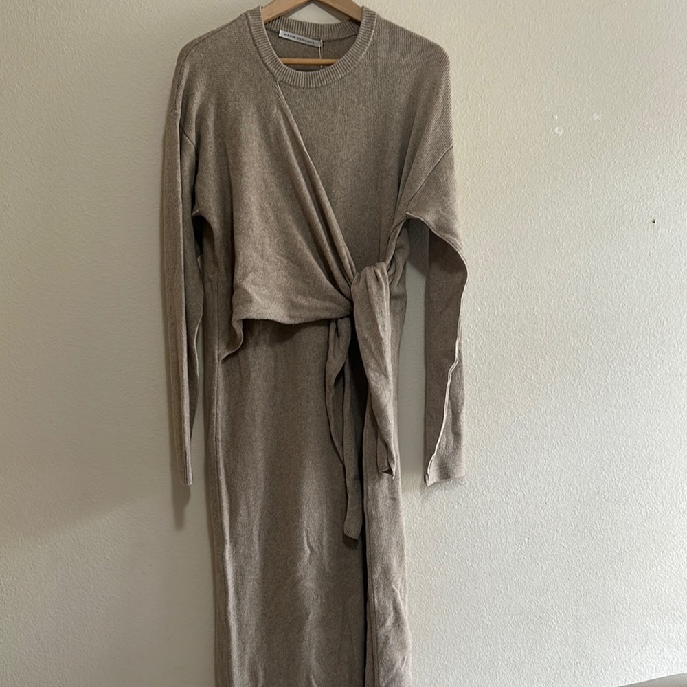 Stylish Tan Knit Dress with Tie Detail